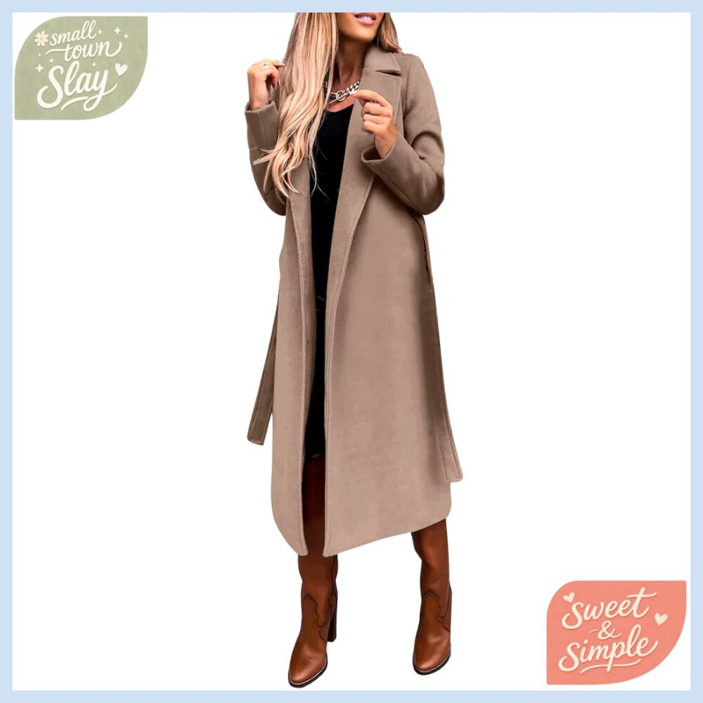 Long Wool Blend Pea Coat with Belt, Notched Collar, Open Front, Midi Length